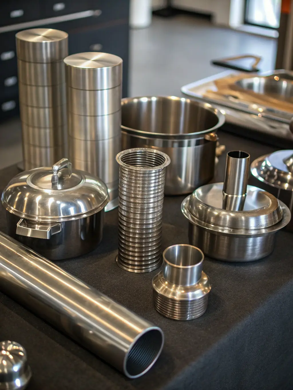 A collection of stainless steel items, such as kitchenware and industrial components, ready for recycling at ECM Recycling's facility.