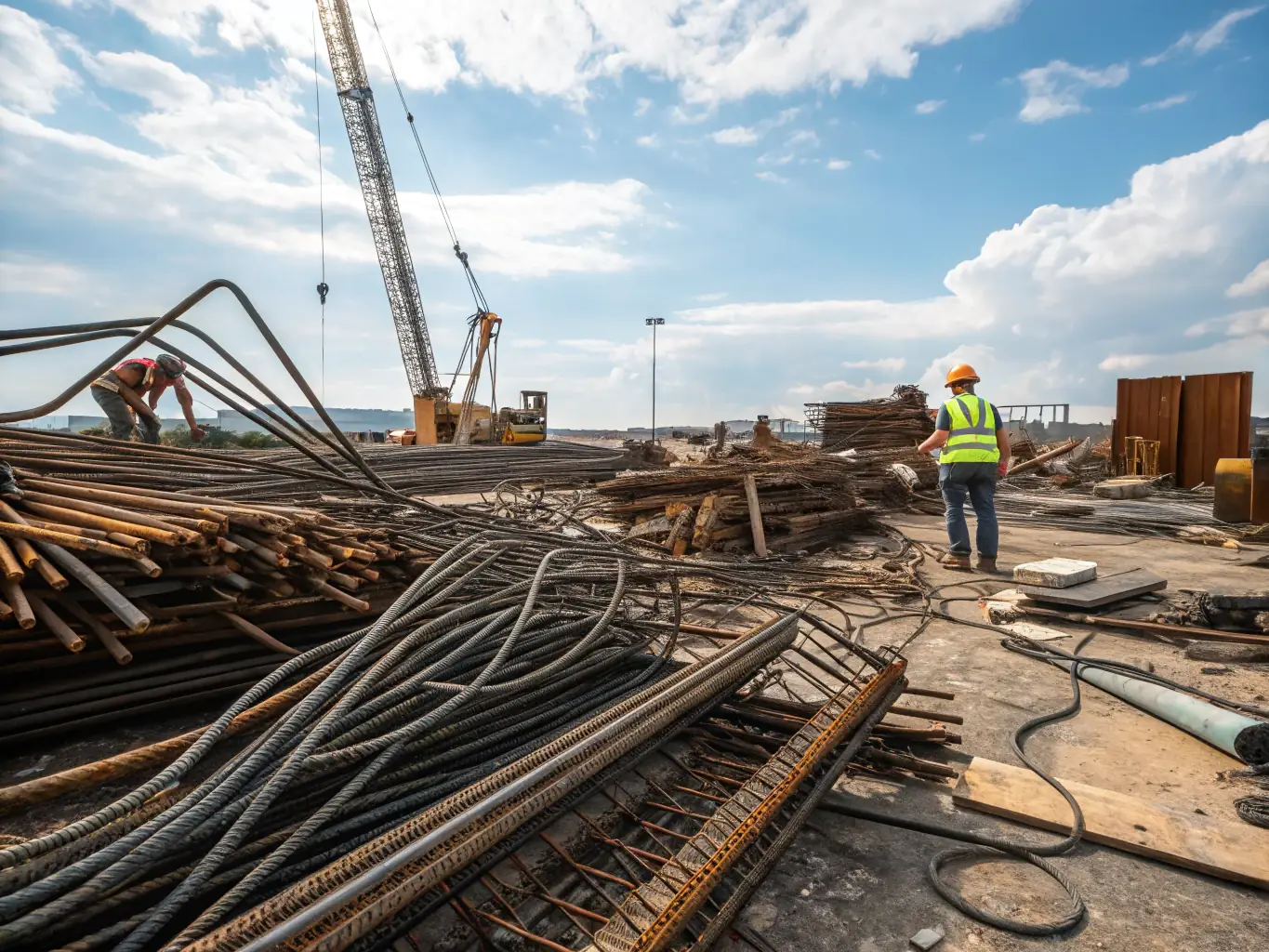 A photograph of a construction site with metal debris and scrap, highlighting the opportunity for recycling construction waste.