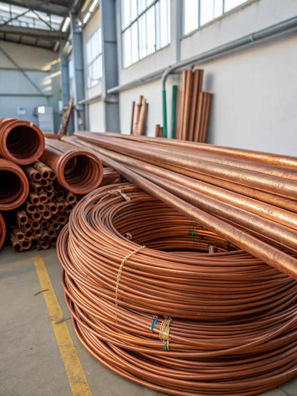 A close-up shot of neatly stacked copper pipes and wires at a recycling facility, showcasing the quality and quantity of copper ECM Recycling processes.