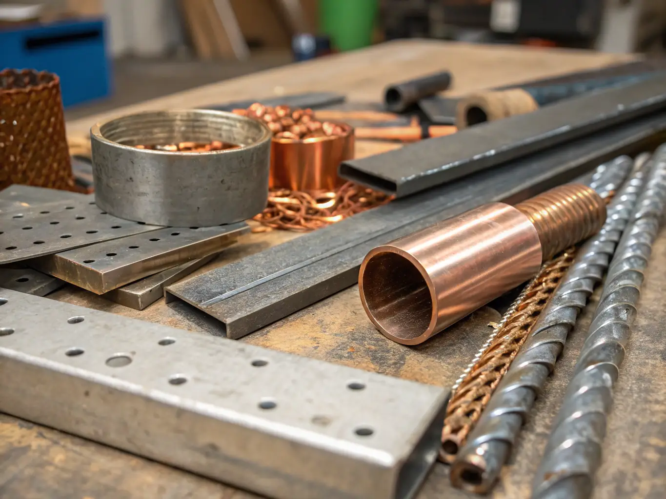 A close-up shot of various grades and shapes of copper scrap, such as pipes, wires, and sheets, neatly organized and ready for recycling at ECM Recycling.